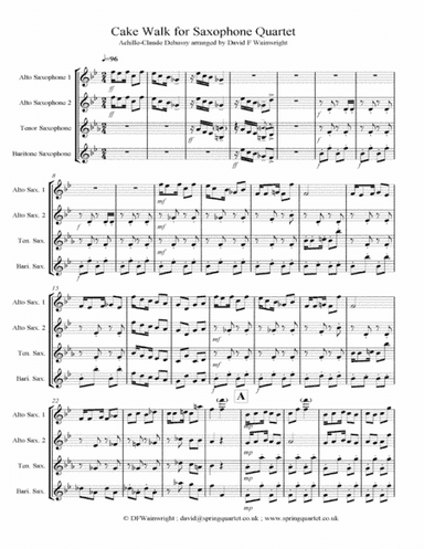 Cakewalk by Claude Debussy arranged for Saxophone Quartet with score & parts (arr. David F Wainwright)