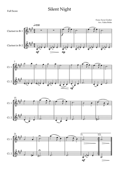 Silent Night (Christmas Song) for Clarinet in Bb Duo (arr. Fabio Britto)
