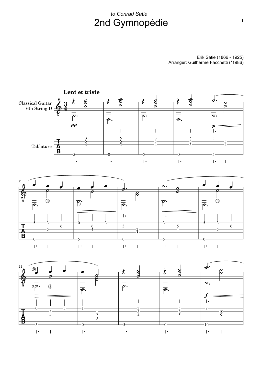 Erik Satie - 2nd Gymnopédie. Arrangement for Classical Guitar. Score and Tablature (arr. Guilherme Facchetti)