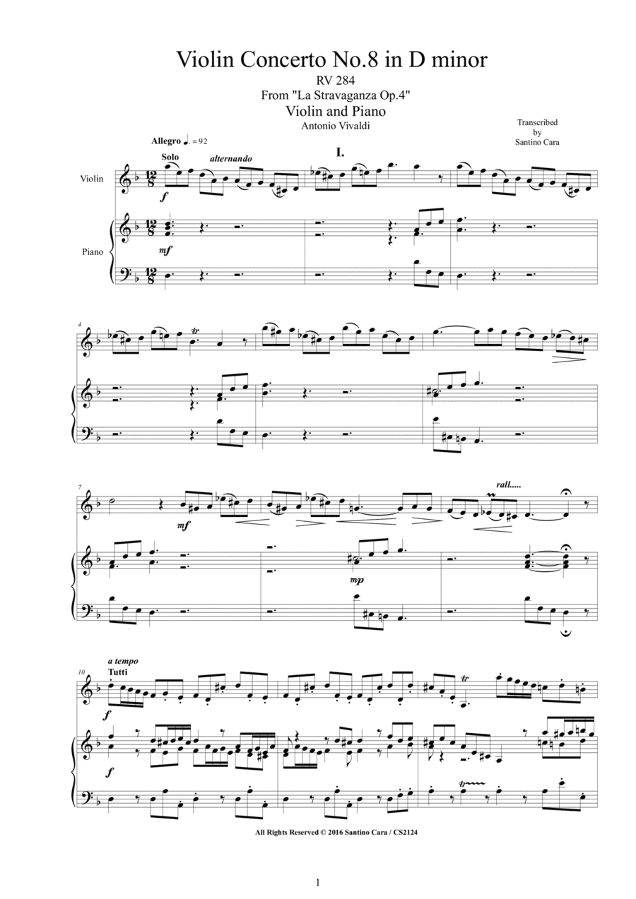 Vivaldi - Violin Concerto in D minor RV 249 Op.4 No.8 for Violin and Piano (arr. Santino Cara)