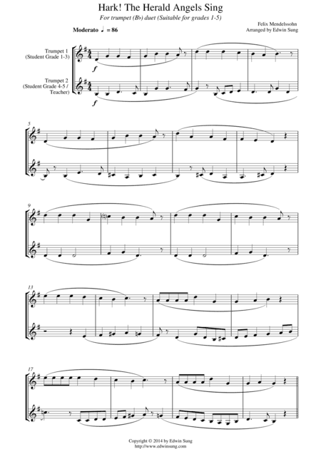 Hark! The Herald Angels Sing (for  trumpet (Bb) duet, suitable for grades 1-5) (arr. Edwin Sung)