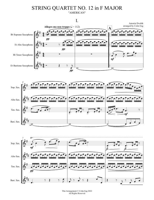String Quartet No. 12 in F Major, "American" for Saxophone Quartet MOVEMENT I (arr. Colin Eng)