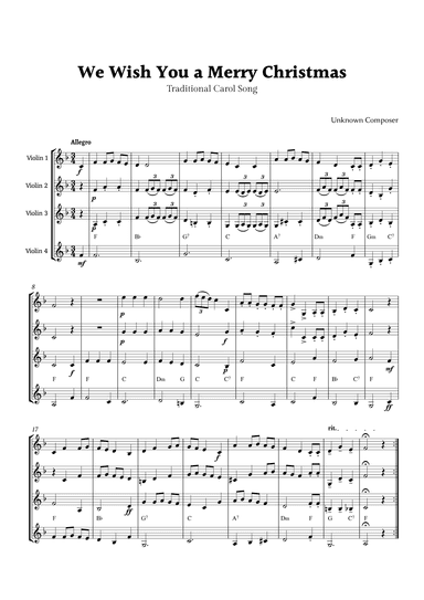 We Wish you a Merry Christmas for Violin Quartet with Chords (arr. Rika K.)