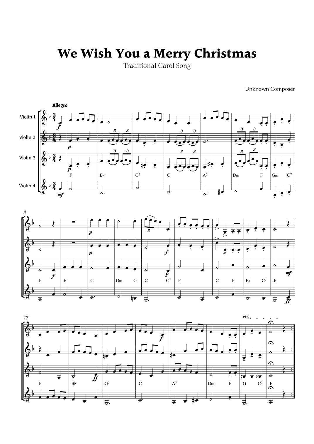 We Wish you a Merry Christmas for Violin Quartet with Chords (arr. Rika K.)