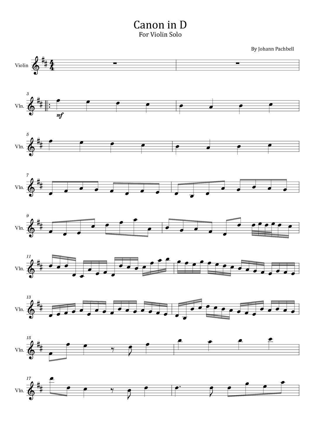 Canon in D Major - For Violin Solo (arr. poon)