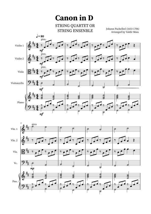 Canon in D - String Quartet and Piano (arr. Valdir Maia)