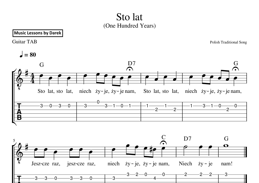 Sto lat (One Hundred Years), Polish Traditional Song [GUITAR TAB] (arr. Darek)