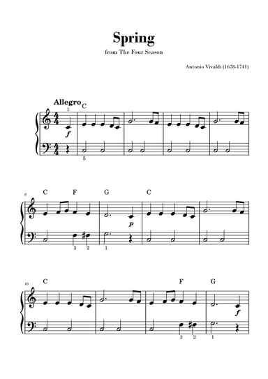 Spring from 'The Four Seasons' - Easy/Beginner Piano and Chords (arr. Gisele Sant'Ana)