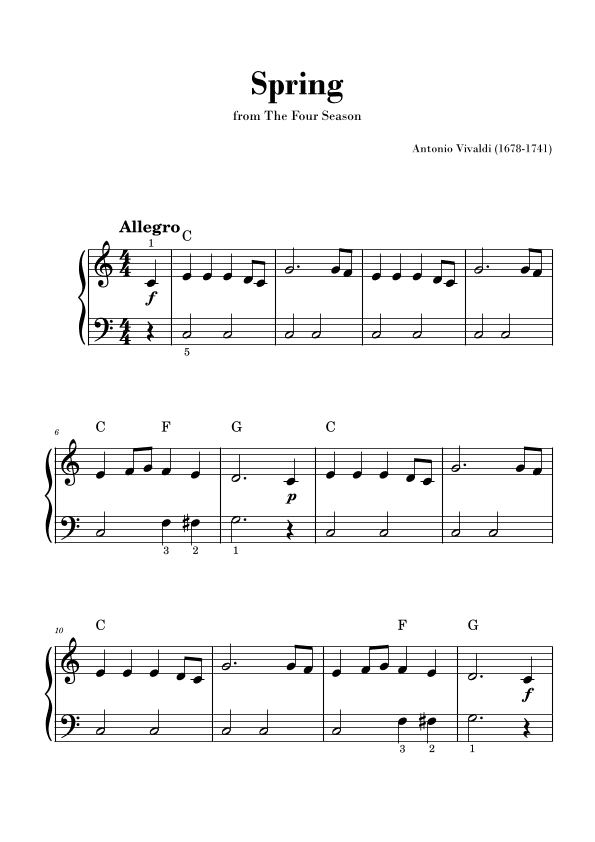 Spring from 'The Four Seasons' - Easy/Beginner Piano and Chords (arr. Gisele Sant'Ana)