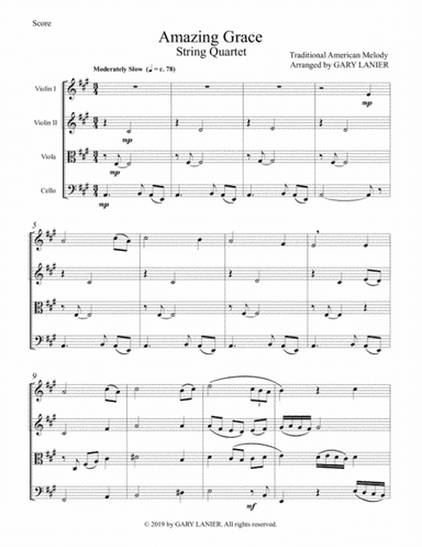 Amazing Grace (String Quartet - Violin 1 & 2, Viola and Cello - Score/Parts included) (arr. Gary Lanier)