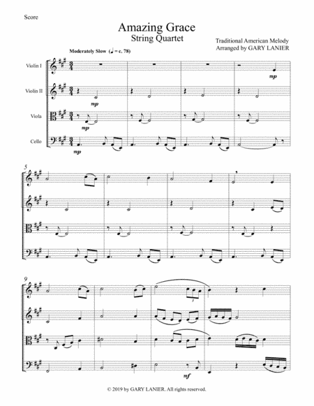 Amazing Grace (String Quartet - Violin 1 & 2, Viola and Cello - Score/Parts included) (arr. Gary Lanier)