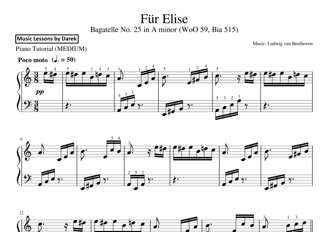 Für Elise (MEDIUM PIANO) Bagatelle No. 25 in A minor (WoO 59, Bia 515) [Ludwig van Beethoven] (arr. Darek)