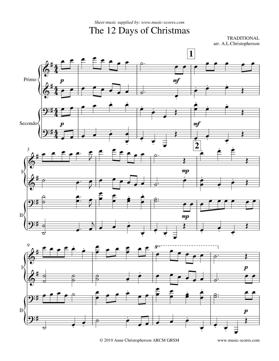 The 12 Days of Christmas - Piano Duet (arr. Anne L Christopherson GRSM ARCM)