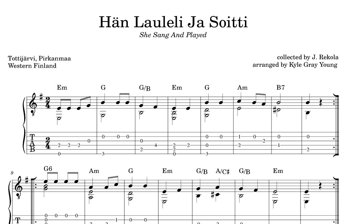 Hän Lauleli Ja Soitti (She Sang And Played) (guitar tab) (arr. Kyle Gray Young)