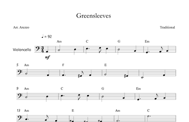 Greensleeves - Lead Sheet for Violoncello Melody and Chords (arr. Arezzo Music)