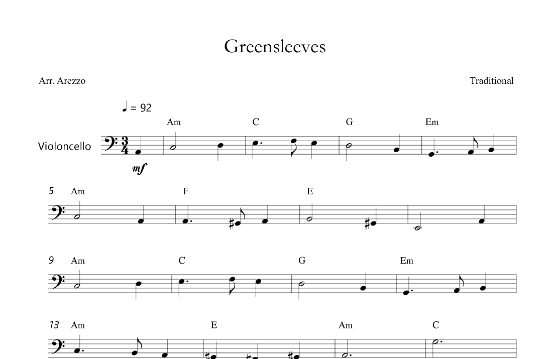 Greensleeves - Lead Sheet for Violoncello Melody and Chords (arr. Arezzo Music)