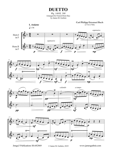 CPE Bach: Duetto Wq. 140 for French Horn Duo (arr. James M. Guthrie, ASCAP)