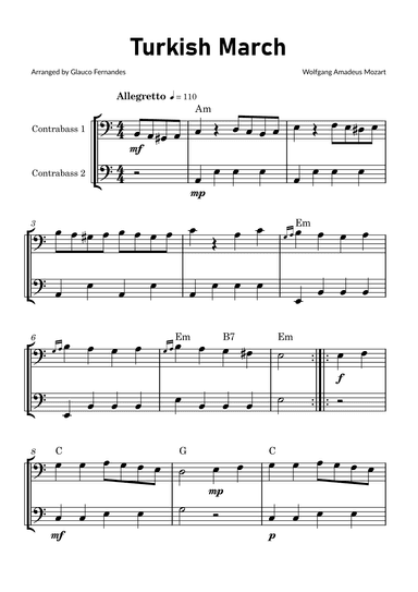 Turkish March by Mozart - Double Bass Duet with Chord Notations (arr. Glauco Fernandes)