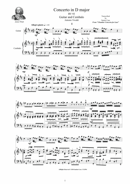 Vivaldi - Lute Concerto in D major RV 93 for Guitar and Cembalo or Piano (arr. Santino Cara)