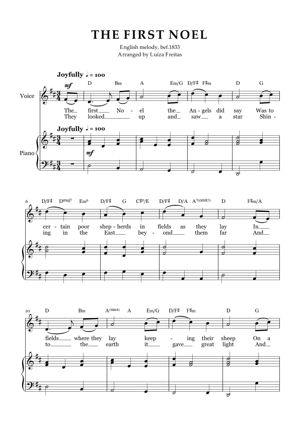 The First Noel - Medium Voice  and Piano (arr. Luíza Freitas)