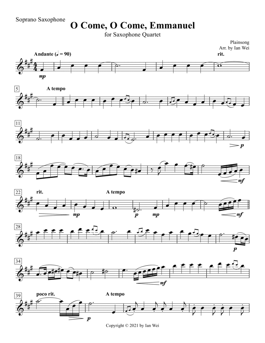 O Come, O Come, Emmanuel for Saxophone Quartet (arr. Ian Wei)