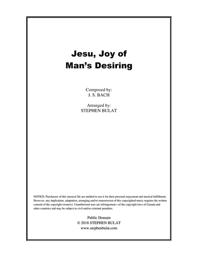 Jesu, Joy of Man's Desiring (Bach) - Lead sheet (key of A) (arr. Stephen Bulat)
