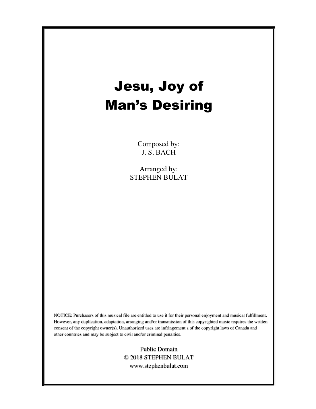 Jesu, Joy of Man's Desiring (Bach) - Lead sheet (key of A) (arr. Stephen Bulat)