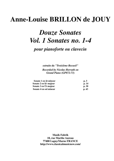 Anne-Louise Brillon de Jouy: 12 Sonatas, Vol. 1: Sonatas 1-4 for piano or harpsichord (arr. Musik Fabrik Music Publishing)