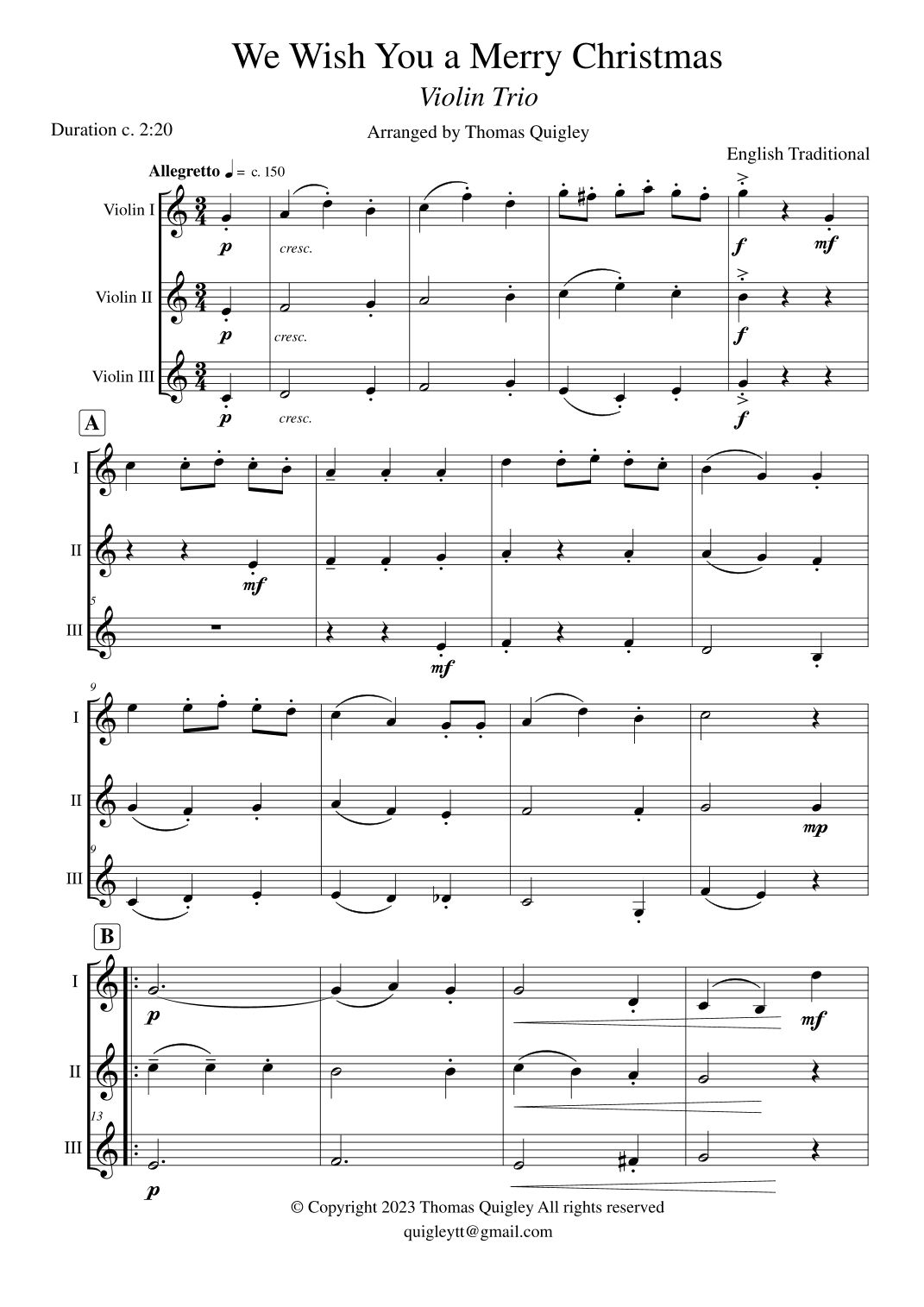 We Wish You a Merry Christmas (Violin Trio) (arr. Thomas Quigley)
