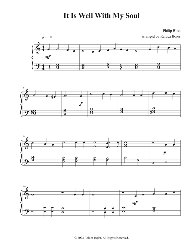 It Is Well With My Soul (When Peace Like a River) – easy piano (arr. Raluca Bojor)