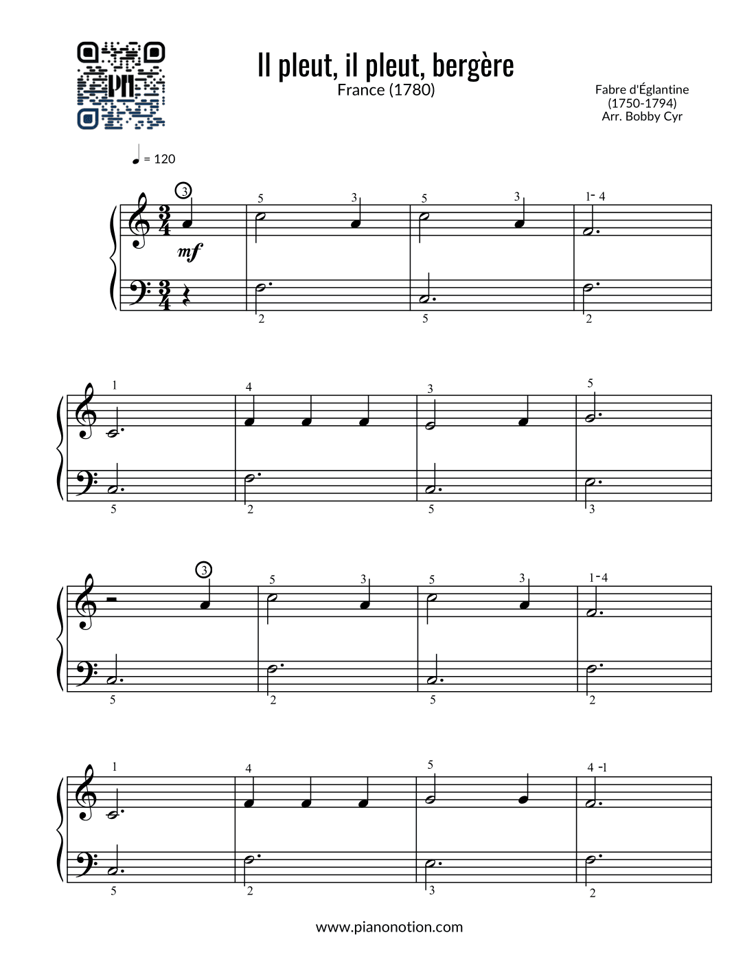 Il pleut, il pleut, bergère - Comptines (piano facile) (arr. Bobby Cyr - Piano Notion)