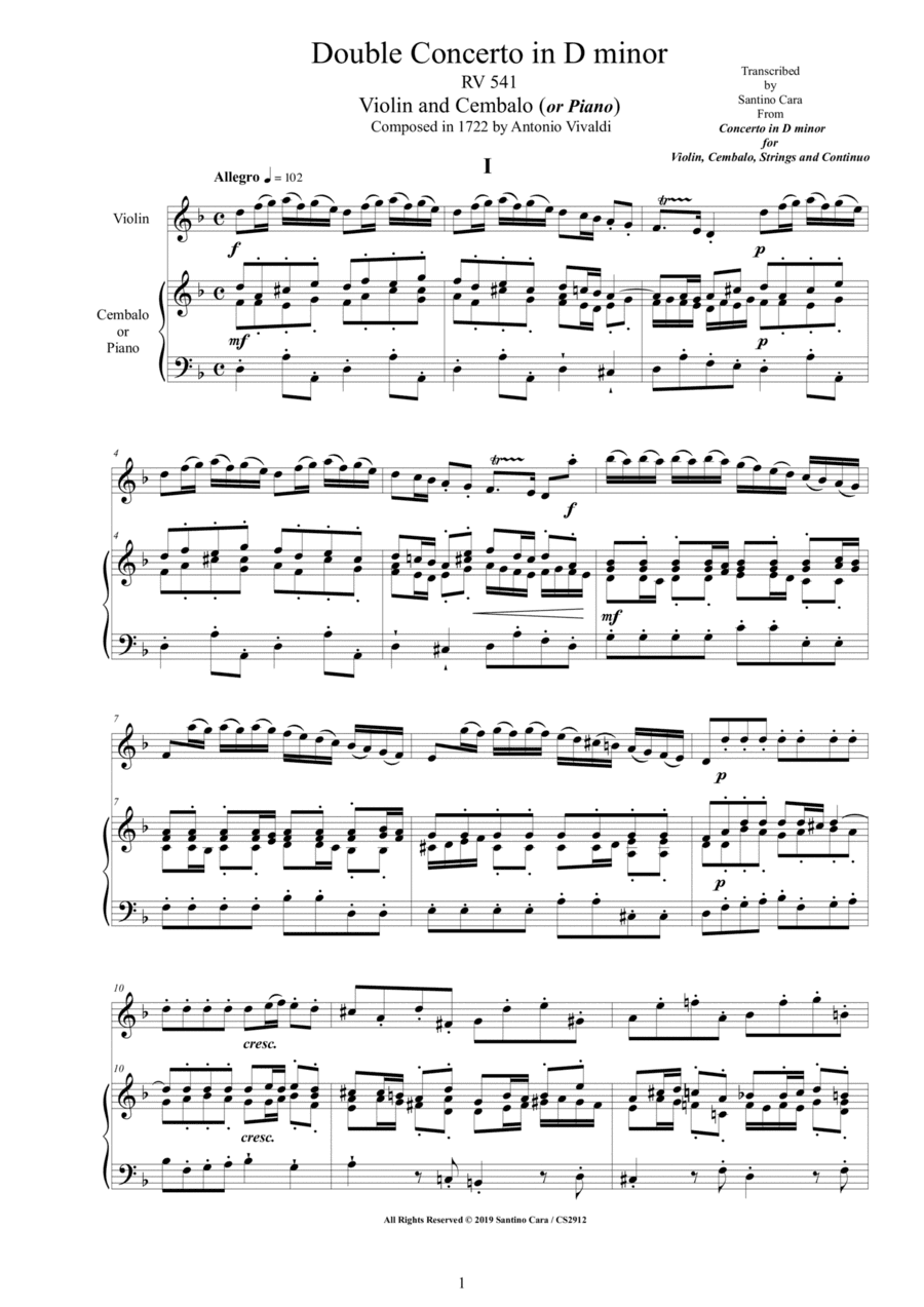 Vivaldi - Double Concerto in D minor RV 541 for Violin and Cembalo or Piano (arr. Santino Cara)