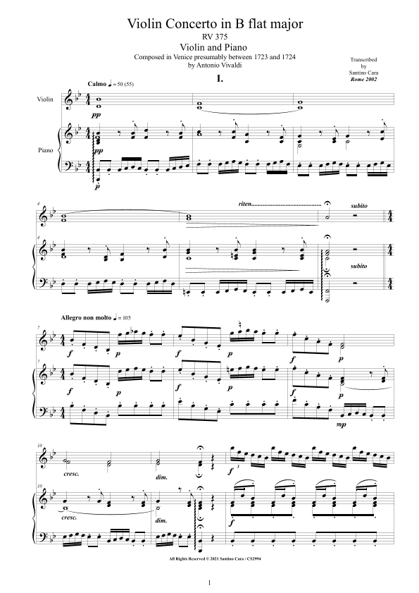 Vivaldi - Violin Concerto in B flat major RV 375 for Violin and Piano - Score and Part (arr. Santino Cara)
