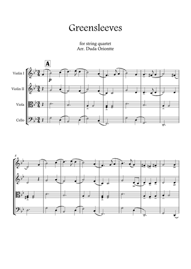 Greensleeves (Green Leeves) STRING QUARTET. (English folk music, broadside) (arr. Duda Oriontte)