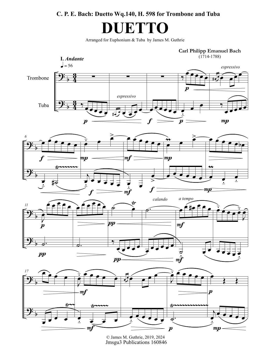 CPE Bach: Duetto Wq. 140 for Trombone & Tuba (arr. James M. Guthrie, ASCAP)