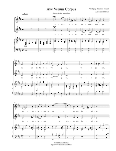 Ave Verum Corpus - for soprano and alto duo with piano (arr. Samuel Stokes)