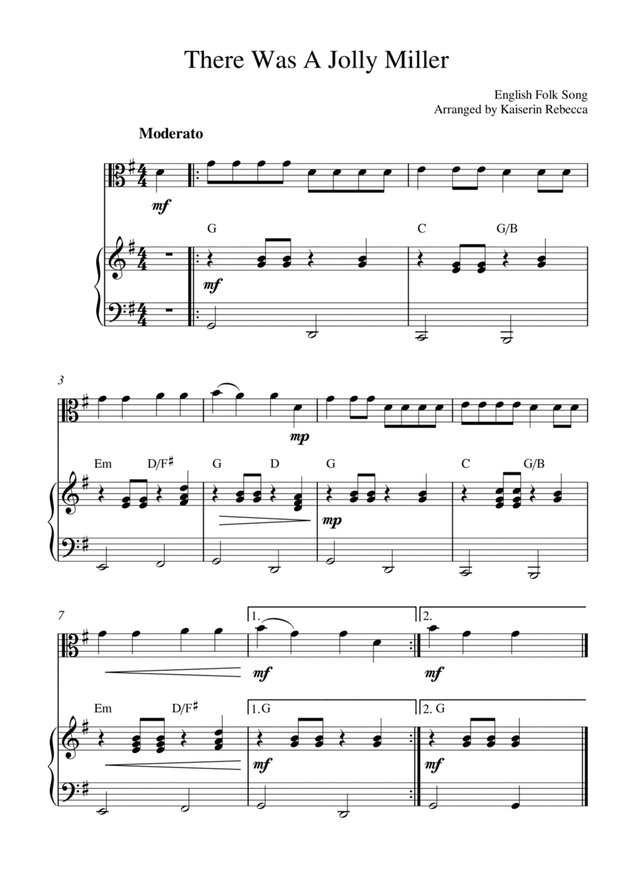There Was A Jolly Miller (for viola solo and piano accompaniment) (arr. Kaiserin Rebecca)