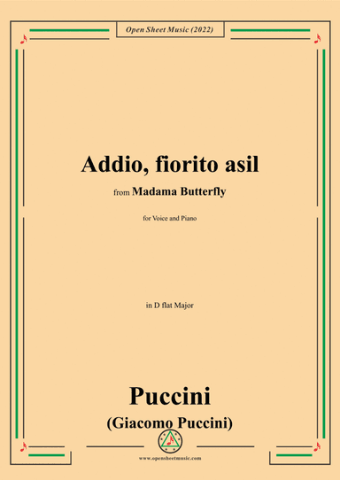 Puccini-Addio,fiorito asil,in D flat Major,from 'Madama Butterfly,SC 74',for Voice and Piano (arr. Open Cloud)