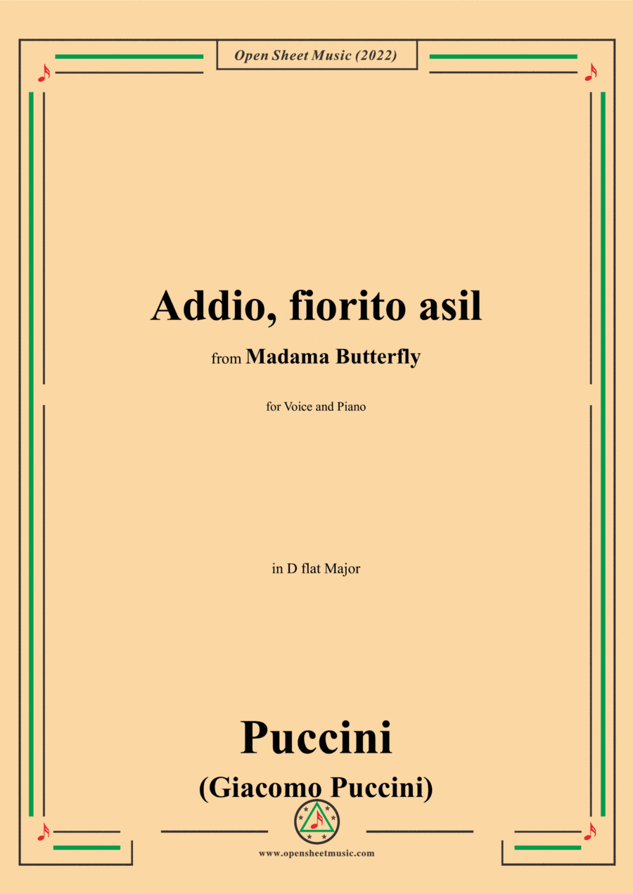 Puccini-Addio,fiorito asil,in D flat Major,from 'Madama Butterfly,SC 74',for Voice and Piano (arr. Open Cloud)
