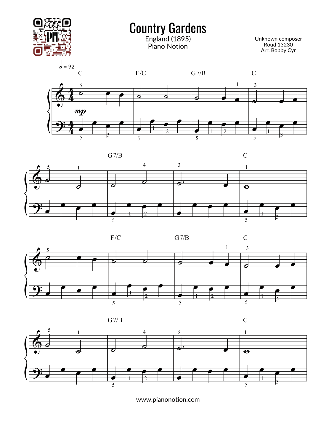 Country Gardens (Easy Piano) (arr. Bobby Cyr - Piano Notion)