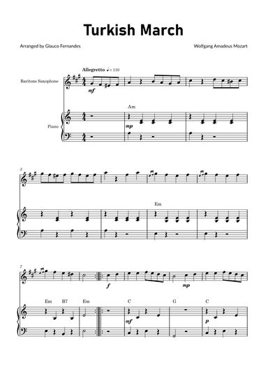 Turkish March by Mozart - Baritone Saxophone and Piano with Chord Notations (arr. Glauco Fernandes)