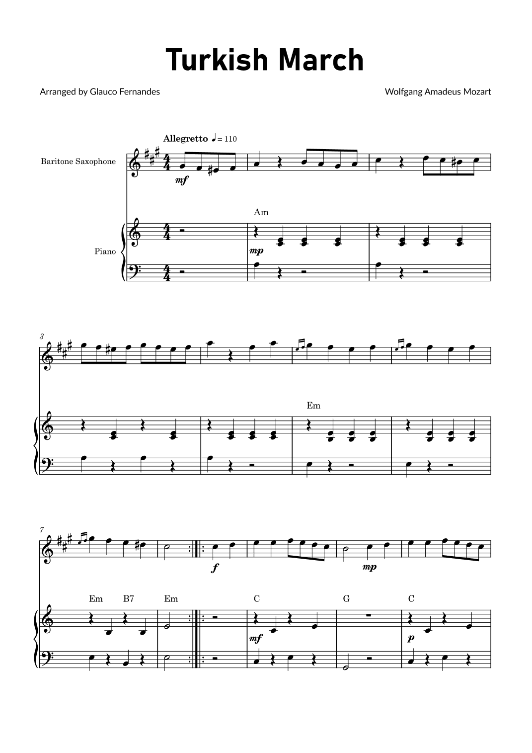 Turkish March by Mozart - Baritone Saxophone and Piano with Chord Notations (arr. Glauco Fernandes)