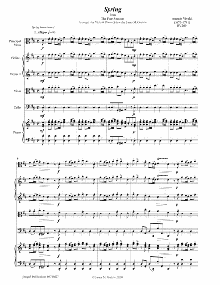 Vivaldi: Spring from the Four Seasons for Viola & Piano Quintet (arr. James M. Guthrie, ASCAP)