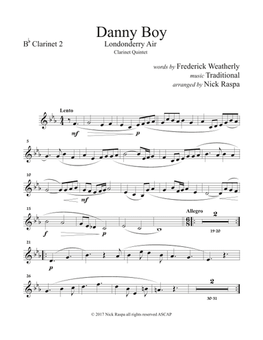 Danny Boy (Clarinet Quintet [Eb, Bb(2), B. Cl. & Cb. Cl.]) Bb Clarinet 2 part (arr. Nick Raspa)
