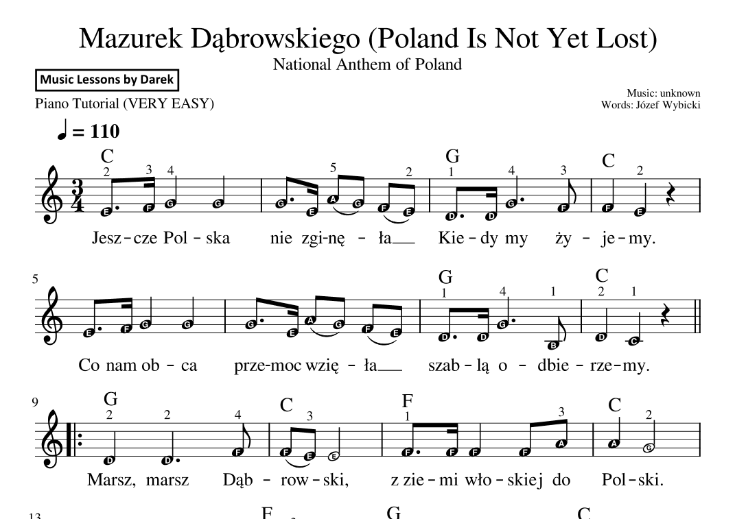 Mazurek Dabrowskiego (National Anthem of Poland) [VERY EASY PIANO] (arr. Darek)