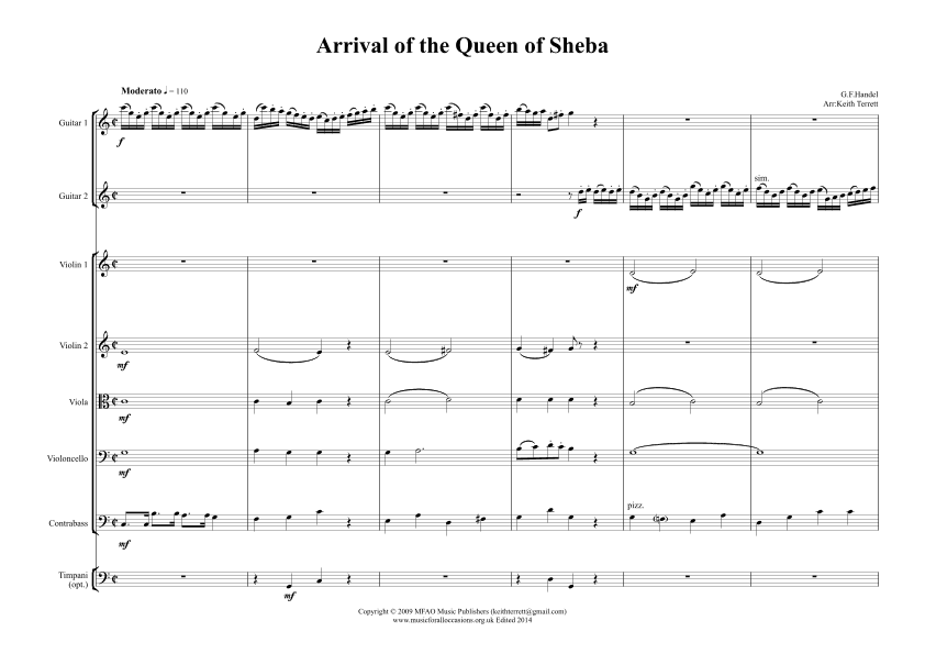 The Arrival of the Queen of Sheba for 2 Guitars & Orchestra (arr. Keith Terrett)