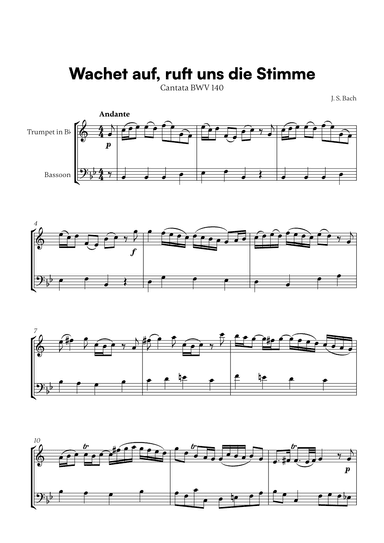 Johann Sebastian Bach - Wachet auf, ruft uns die Stimme (for Trumpet in Bb and Bassoon) (arr. Cadenza Editions)