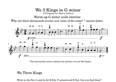 We Three Kings in G minor, with scale and theory tasks for grade 2-3 violinists (arr. Sharon Sullivan)