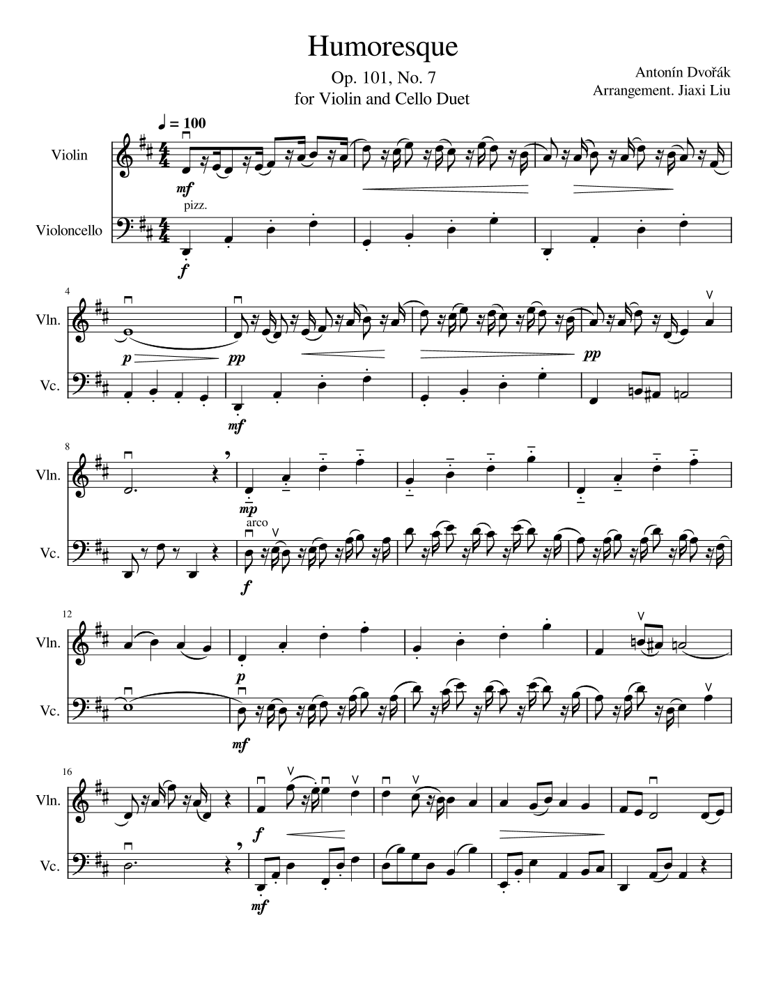 Humoresque, Op. 101, No. 7 in G-flat major (arr. Jiaxi Liu)