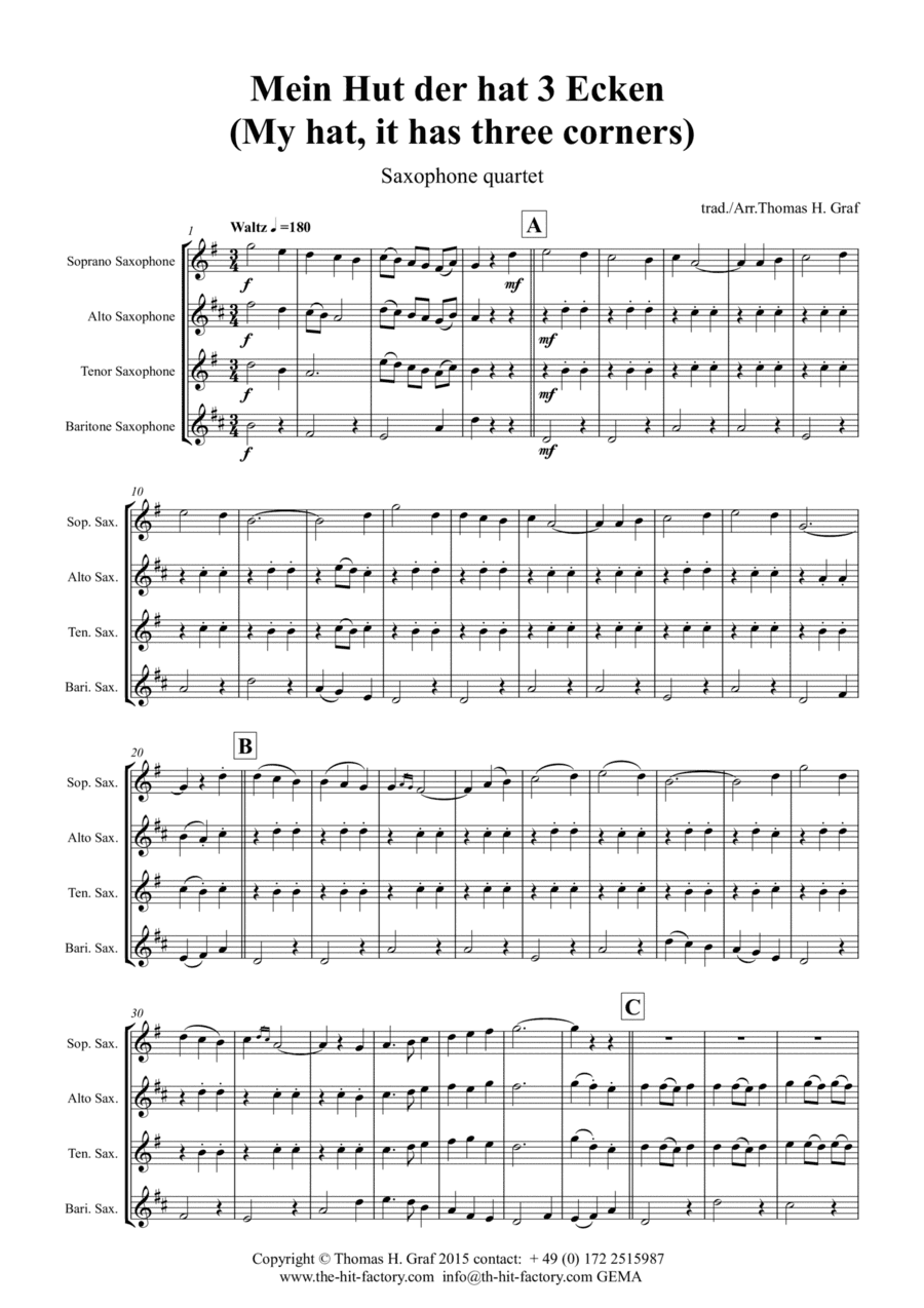 Mein Hut der hat 3 Ecken (My hat, it has three corners) - Folk - Saxophone Quartet (arr. Thomas Graf)